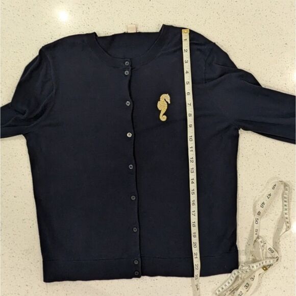 J.Crew The Caryn Cardigan Sweater Cotton Navy Blue Button Front Seahorse L/XL - Picture 4 of 9